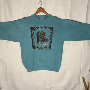 Vtg 90s Sitka Alaska pullover  Size L, Otter Guava Beach aqua blue heavy cotton